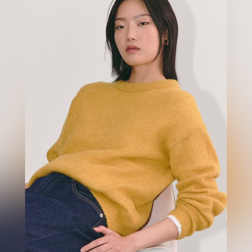 Everlane Alpaca Blend Cocoon Crew Sweater Golden Mustard | Soft Fuzzy Knit | XS
